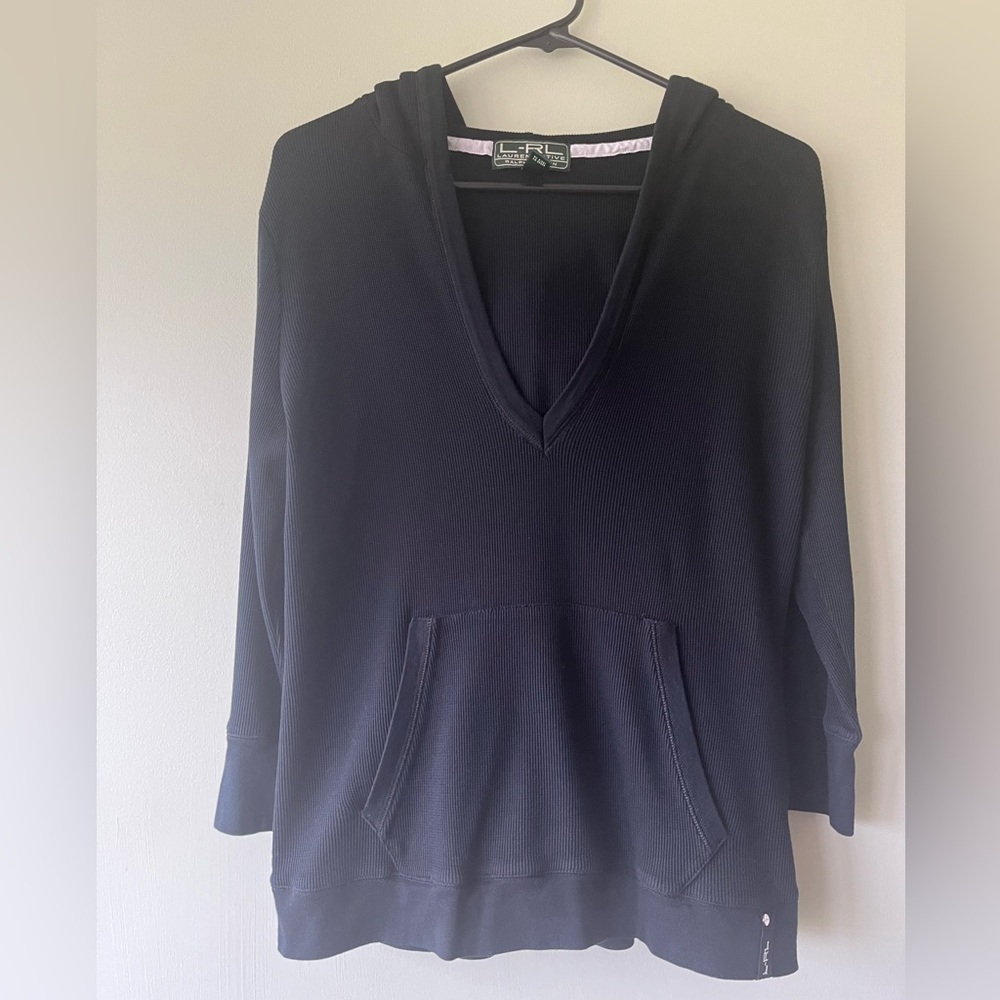 Womens Black Lauren Active Ralph Lauren 3/4 sleeve v neck hooded thermal size L